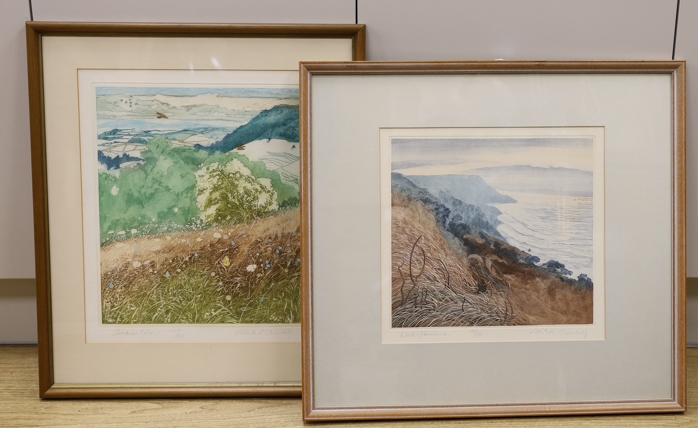 Robert Greenhalf (b.1950), two limited edition prints, 'Clouded Yellow', 127/150 and 'Winter Headland', 50/150, both signed in pencil, 40 x 33cm and 30 x 33cm.